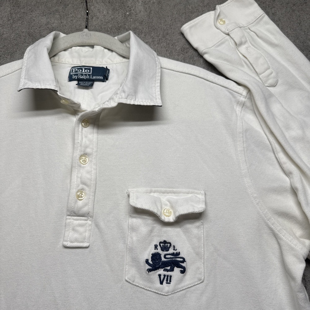 Polo‎ Ralph Lauren Crest Rugby Shirt White Long Sleeve Flag Patch XL Preppy